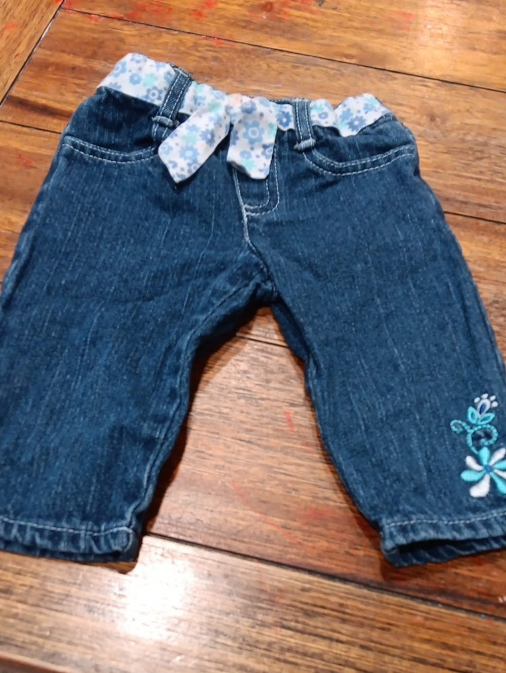 Girls' Blue Denim Floral-Trim Pull-On Pants